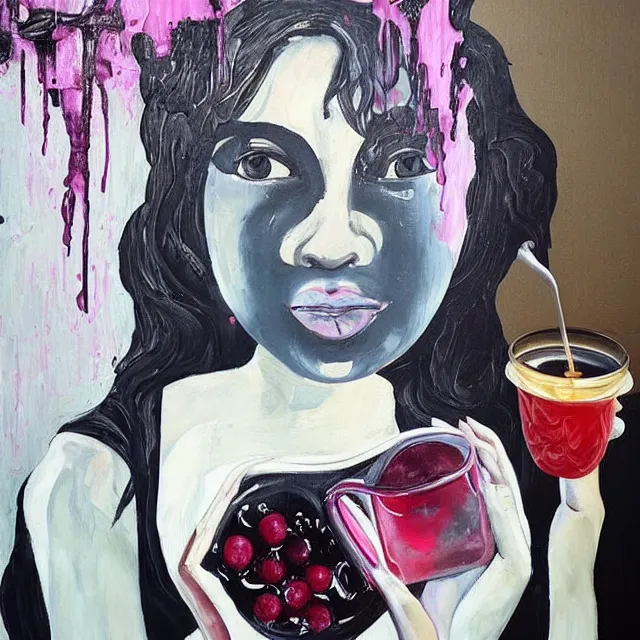 Image similar to “ sensual, a portrait in a female art student ’ s apartment, pancakes, woman drinking an iced latte from a painting, berries, art supplies, a candle dripping white wax, berry juice drips, neo - expressionism, surrealism, acrylic and spray paint and oilstick on canvas ”