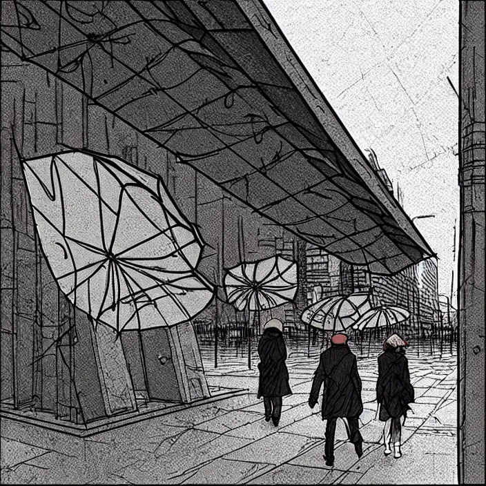 Image similar to folded umbrellas on a stall, in a square, pedestrians walk past. background of old soviet monument. storyboard, scifi cyberpunk. by gabriel hardman, joe alves, chris bonura. cinematic atmosphere, detailed and intricate, perfect anatomy