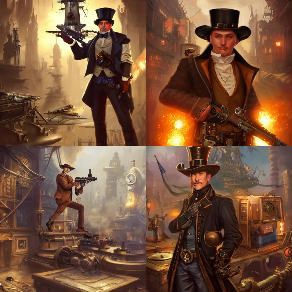 Prompt: a poster of a noble male in hat in the center, posing with gun, steampunk spaceship on background, by tyler edlin and lindsey look, victorian, concept art, steam romance, adventure, jonathan winterhart, detailed, 4k resolution, trending on artstation