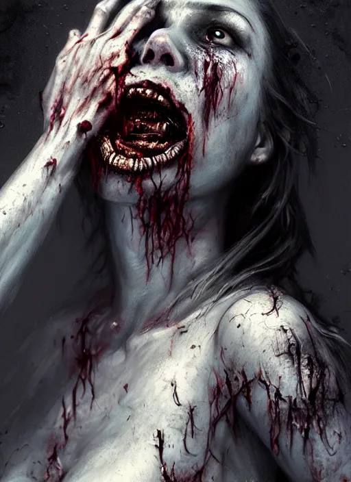 Image similar to epic portrait cinematic shot an female covered in black substance screaming in agony and becoming a zombie, apocalyptic backround, creepy, scary, fine details. night setting. realistic shaded lighting poster by craig mullism, artgerm, jeremy lipkin and michael garmash, unreal engine, radiant light, detailed and intricate environment, digital art, trending on art station,