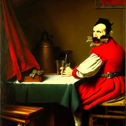 Image similar to a plotting man in a red jester suit sitting in a wooden chair near a table covered with cloth. the room is dimly lit. style of Jan Matejko, ominous, realistic, highly detailed