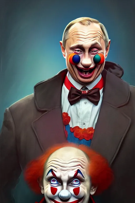 Image similar to vladimir putin as a stupid clown, funny, laughing, cartoonish, realistic portrait, symmetrical, highly detailed, digital painting, artstation, concept art, smooth, sharp focus, illustration, cinematic lighting, art by artgerm and greg rutkowski and alphonse mucha