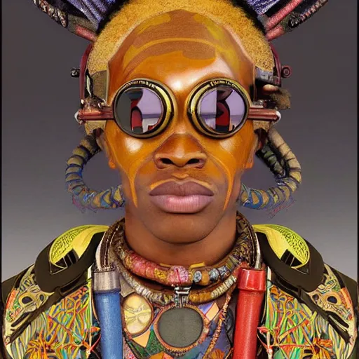 Image similar to colourful vfx upper half - portrait - art of a african tribal chief wearing steam punk goggles, art by utagawa kunisada, james jean & alphonse mucha, symmetrical, intricate detail, concept art, volumetric light, ray tracing, caricature, digital illustration, digital painting, octane 3 d render, unreal engine, sharp, pinterest, behance, art station,