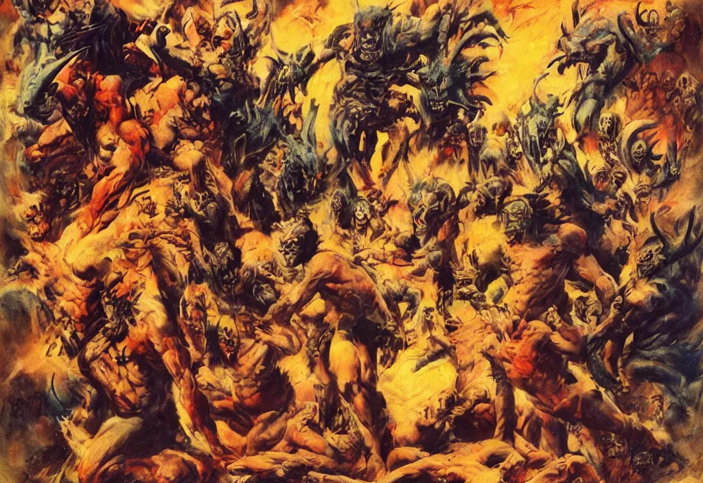 Prompt: a group of daemons at a conference on moral bioenhancement, artistic composition in the style of frank frazetta, vivid, bright colours, oil painting, deep impasto