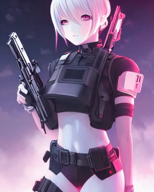 Image similar to 2 b, anime key visual of a young female swat officer, neon, cyberpunk, futuristic, white outfit, black swat vest, swat helmet, holding pdw, stunning, highly detailed, digital painting, smooth, soft focus, illustration, 4 k digital art from artstation by artgerm and greg rutkowski and alphonse mucha