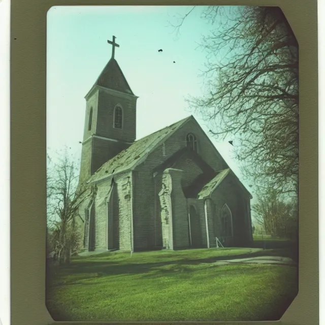 Image similar to very beautiful polaroid photo of a disintegrating church