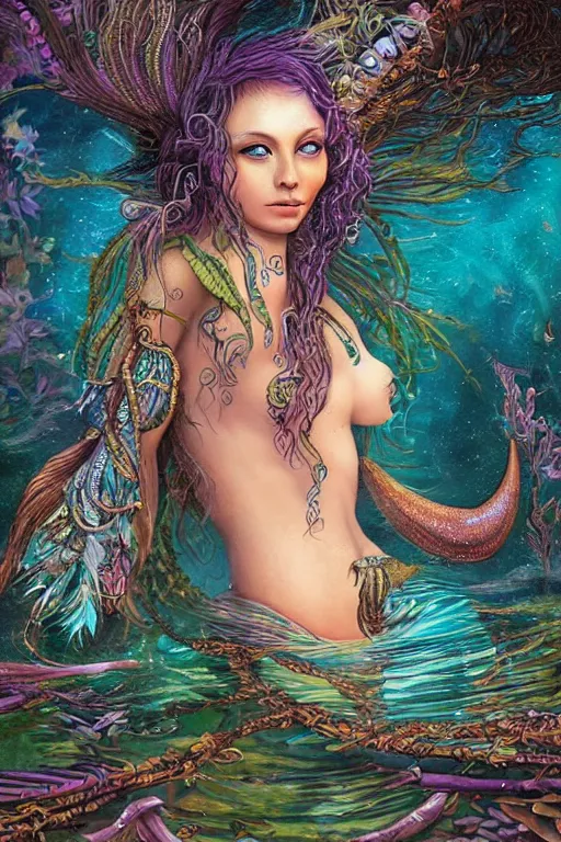 Prompt: a beautiful portrait of a mermaid in a river of the amazon, ayahuasca, fantasy art, highly detailed, matte painting, visionary art