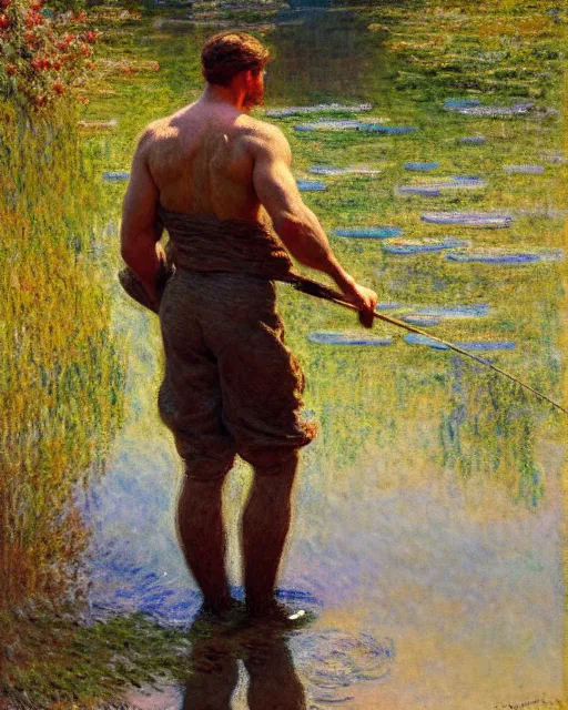 Image similar to attractive fisherman wading through a river, reflective water, painting by tom of finland, gaston bussiere, craig mullins, j. c. leyendecker, claude monet