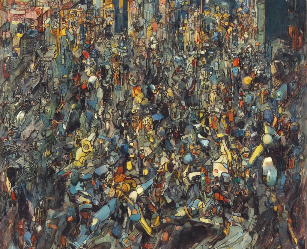 Prompt: a faceless mob chasing a giant robot along a glass and steel street as by moebius, george luks, and francis bacon, saturated color scheme