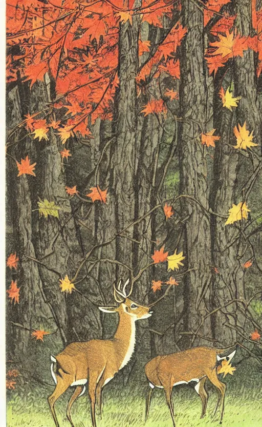 Image similar to by akio watanabe, manga art, deer jumping around maple forest, fall season, trading card front