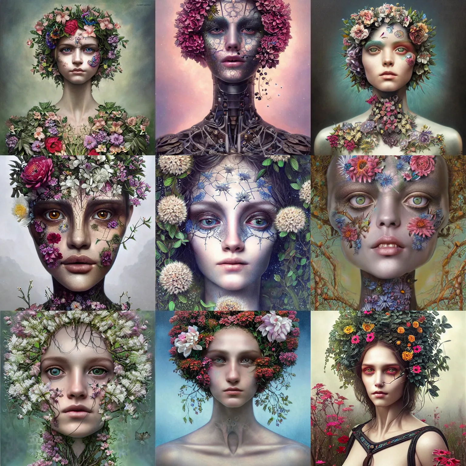 Prompt: humanoid robot, flowers growing on skin, highly detailed, trees, expressive eyes, beautiful symmetric body, perfect proportions, highly intricate, art by tom bagshaw and alex gray