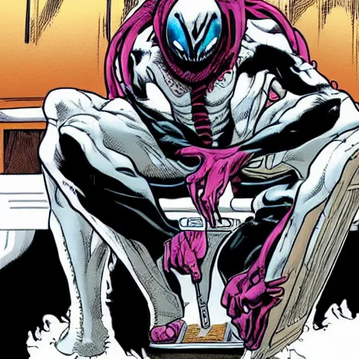 Image similar to photo of venom on the toilet reading a comic