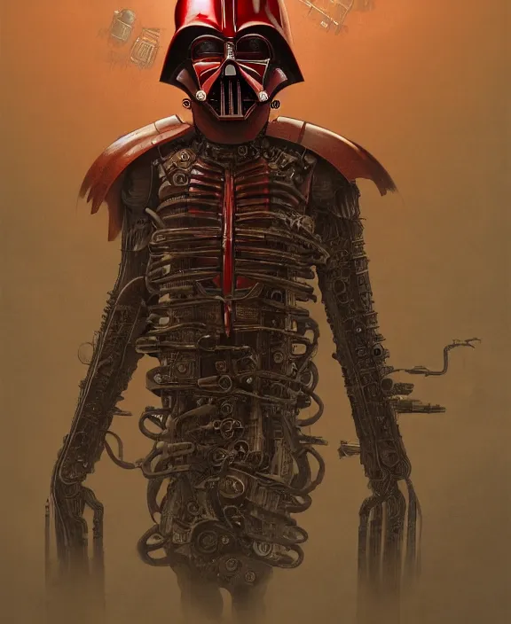 Image similar to a red steampunk darth vader with mechanical tendrils resembling spinal columns extending from his body, by HR Giger and Beksiński and Stephan Martiniere , 4k resolution, detailed, trending on artstation