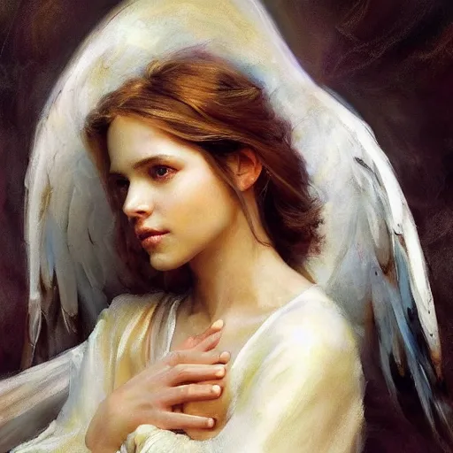 Prompt: beautiful portrait of an angel with beautiful face and her huge white wings spread out gracefully, painted by daniel gerhartz, highly detailed, beautiful, back lit, graceful and elegant, ethereal