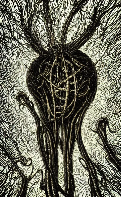 Image similar to portrait of lovecraftian onion surrounded by beams of light dark background by wayne barlow, stanley donwood, anton semenov, zdzislaw bekinski, hr giger, 8 k, fantasy, dark, highly detailed