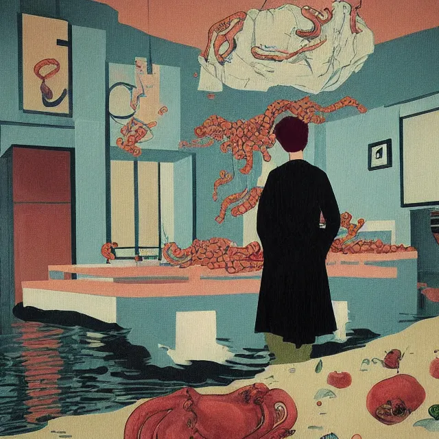 Image similar to tall female emo artist in her flooded kitchen, water gushing from ceiling, painting of flood waters inside an artist's home, a river flooding indoors, pomegranates, pigs, ikebana, zen, water, octopus, river, rapids, waterfall, black swans, canoe, berries, acrylic on canvas, surrealist, by magritte and monet