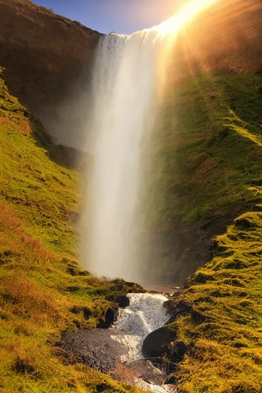 Image similar to the ends of the earth where a waterfall sat i drew in my first and last breath. beneath that golden hour light new life