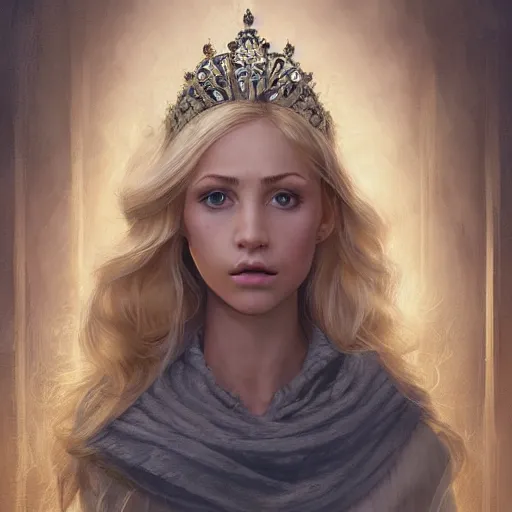 Prompt: centered detailed portrait of a beautiful princess looks like from bridgeton with blond hairs, realistic character concept, identical eyes, gazing eyes, beautiful eyes medium shot, elegant pose, fantasy, illustration, slender symmetrical face and body, artstation, cinematic lighting, hyperdetailed, cgsociety, 8k Resolution, high resolution, Charlie Bowater, Tom Bagshaw, Tom Richmond, single face, insanely detailed and intricate, beautiful, elegant, golden ratio, bloom and flowers in background, vfx, psychadelic.