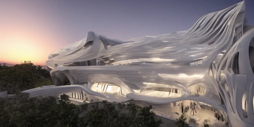Prompt: extremely detailed ornate stunning sophisticated beautiful house by zaha hadid, stunning volumetric light, sunset, concrete and translucent material, stunning skied, 8k