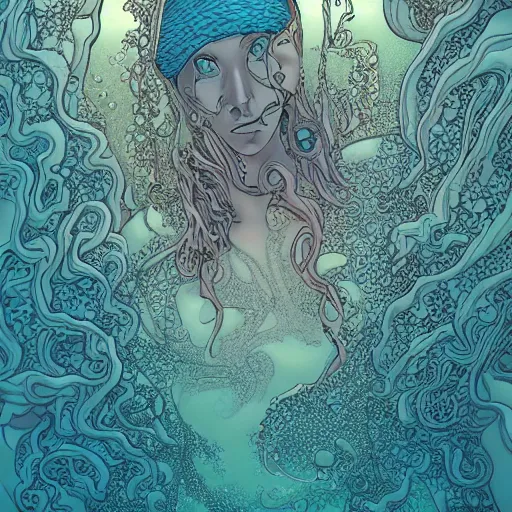 Image similar to metallic ethereal underwater paradise in the style of moebius, james jean, mcbess!!!, cinematic, highly detailed, award winning, 8 k photorealistic