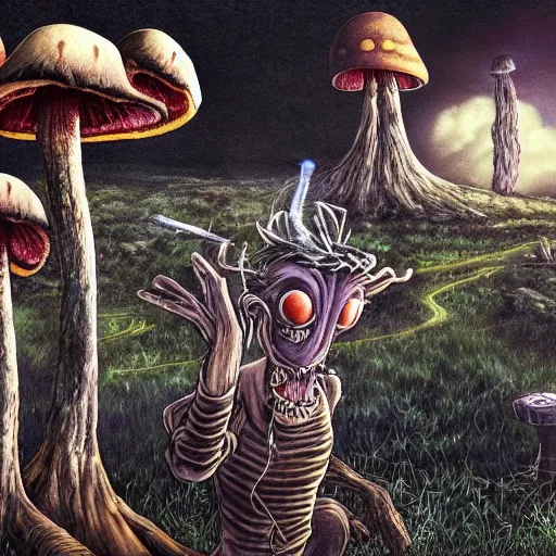 Prompt: 4 k headshot portrait of a psychedelic demonic anthropomorphic wendigo smoking a hand - rolled cigarette smoking heavily, magic mushroom village in background. award winning. superb resolution. in the art style of junji ito and greg rutkowski. detailed mushroom city in background. hyper realistic anime. perfect art. dalle 2