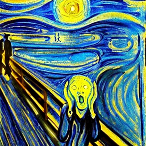 Image similar to painting of edvard munch's the scream with van gogh's the starry night in the background, detailed, unreal engine