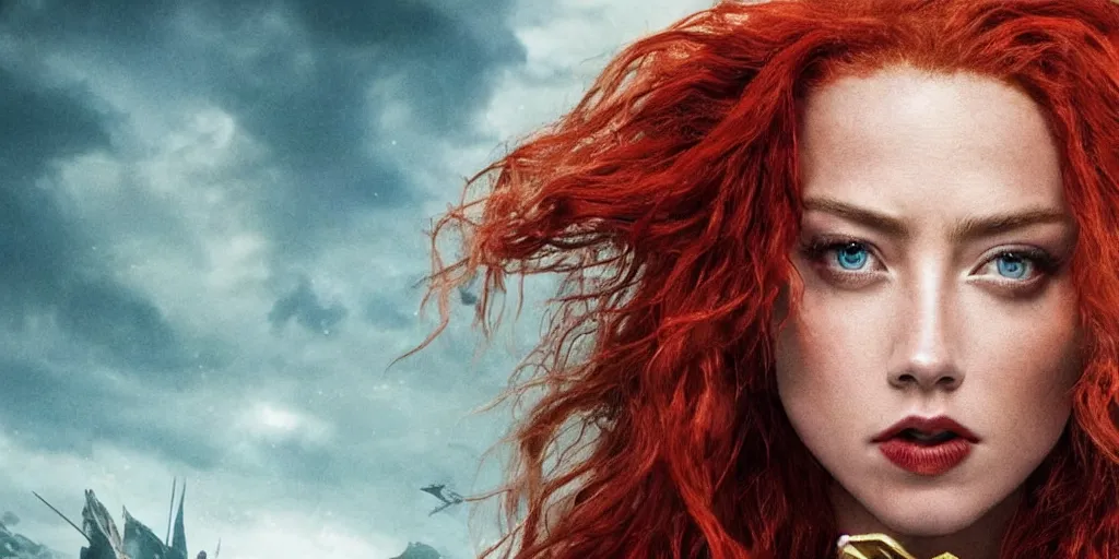 Image similar to red hair mera from aquaman played by amber heard fights captain jack sparrow played by johnny depp, motion blur, real life, spotted, leaked, ultra realistic face, accurate, 4 k, movie still, uhd, sharp, detailed, cinematic, render, modern