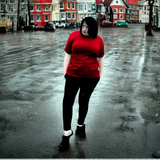 Image similar to a pale emo girl, messy black / red hair, british street background, overcast weather, 2 0 0 6