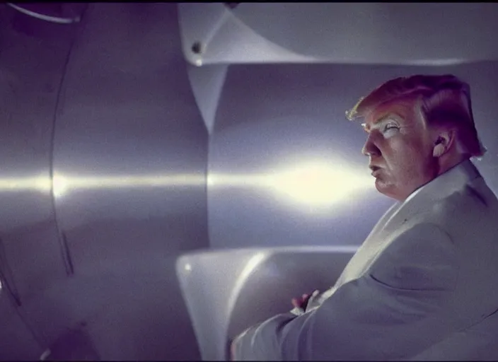 Prompt: screenshot from moody scene of Donald Trump dreaming on a spaceship, scene from the film Solaris 1979 film directed by andrei tarkovsky, kodak film stock, anamorphic lens, 4K, film grain, detailed, stunning cinematography