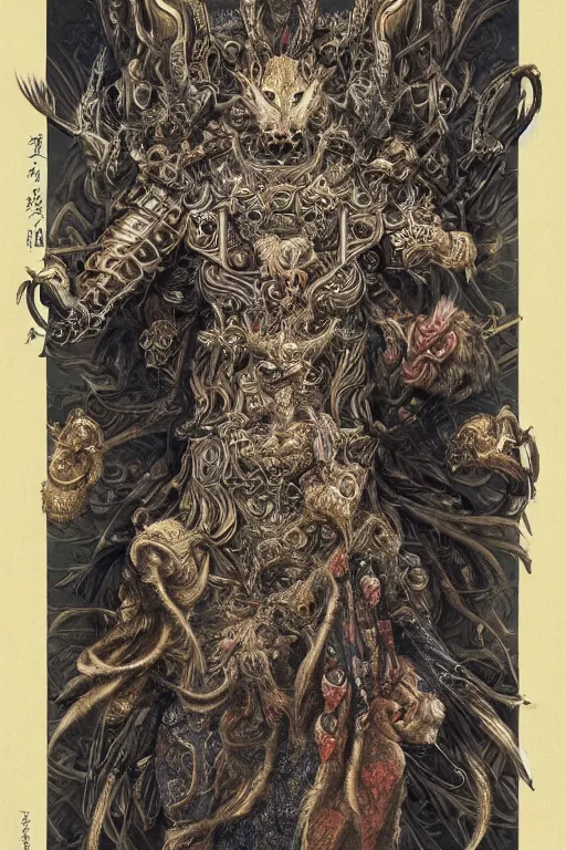 Prompt: a animal warrior from Chinese mythology, symmetrical, final fantasy, insanely detailed and intricate, golden ratio, hypermaximalist, elegant, ornate, luxury, elite, horror, creepy, ominous, haunting, matte painting, cinematic, cgsociety, James jean, Brian froud, wayne barlowe