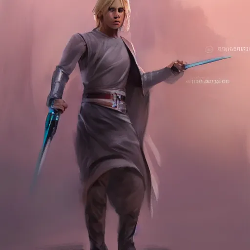 Image similar to a young blonde male jedi with short hair looking away at a threat full body shot concept art by Doug Chiang cinematic concept art, realistic painting, high definition, digital art, matte painting, symmetrical, very detailed, realistic, dramatic lighting, cinematic, establishing shot, extremely high detail, photo realistic, cinematic lighting, post processed, concept art, artstation, matte painting, red color scheme