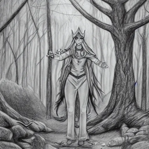 Prompt: a detailed pencil drawing of an elf casting a spell in a forest