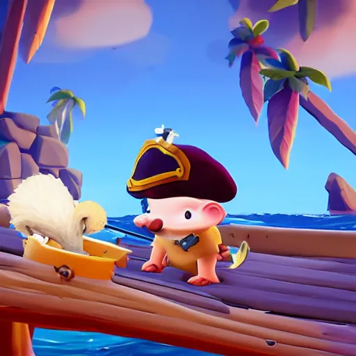 Prompt: cute baby hedgehog in sea of thieves wearing a pirate hat