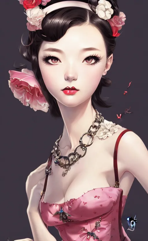 Image similar to a pin up and beautiful fashion and charming and dreamlke japan girl with lv jewelry, character art, art by artgerm lau and kyoung hwan kim and and ilya kuvshinov and john singer sargent, hyperdetailed, 8 k realistic, symmetrical, frostbite 3 engine, cryengine, dof, trending on artstation, digital art