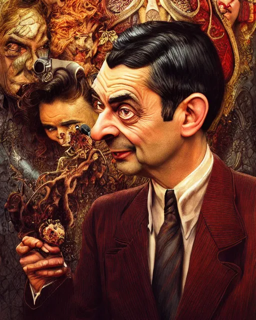 Image similar to vintage mr. bean movie poster by karol bak, james jean, tom bagshaw, rococo, sharp focus, trending on artstation, cinematic lighting, hyper realism, octane render, 8 k, hyper detailed.