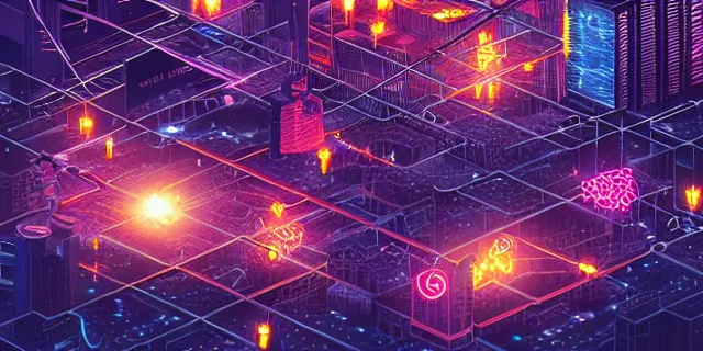 Image similar to glowing chains of interconnected network of technological cubes floating in the middle of a cyberpunk tokyo 2 0 9 9 city, in the art style of dan mumford and marc simonetii, atmospheric lighting, intricate, volumetric lighting, beautiful, sharp focus, ultra detailed