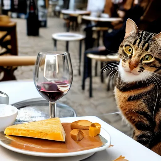 Image similar to Brown tabby cat eating cheese and wine in a Parisian cafe