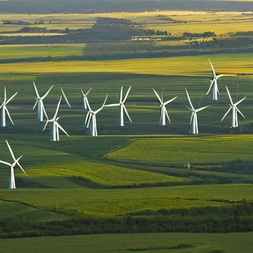 Image similar to green energy windmill farm producing power at sunset, natural light