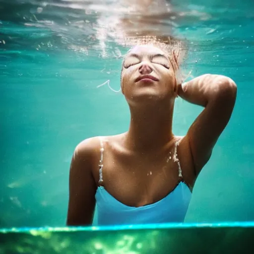 Image similar to girl with bioluminescent skin swimming underwater