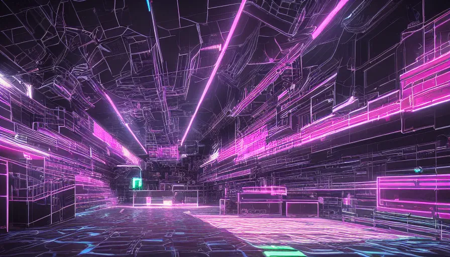 Prompt: computer circuits, android, wall of graffiti intricate volumetric octane render 3 d street art depicting dark monochrome neon fluorescent color abstract geometry in the style of wlop, mirrors edge, odeith