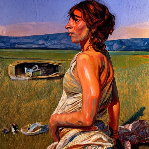 Prompt: beautiful detailed painting of a gypsy standing beside a broken tank at magic hour in the style of lucian freud, concept art, as seen on artstation, wide shot