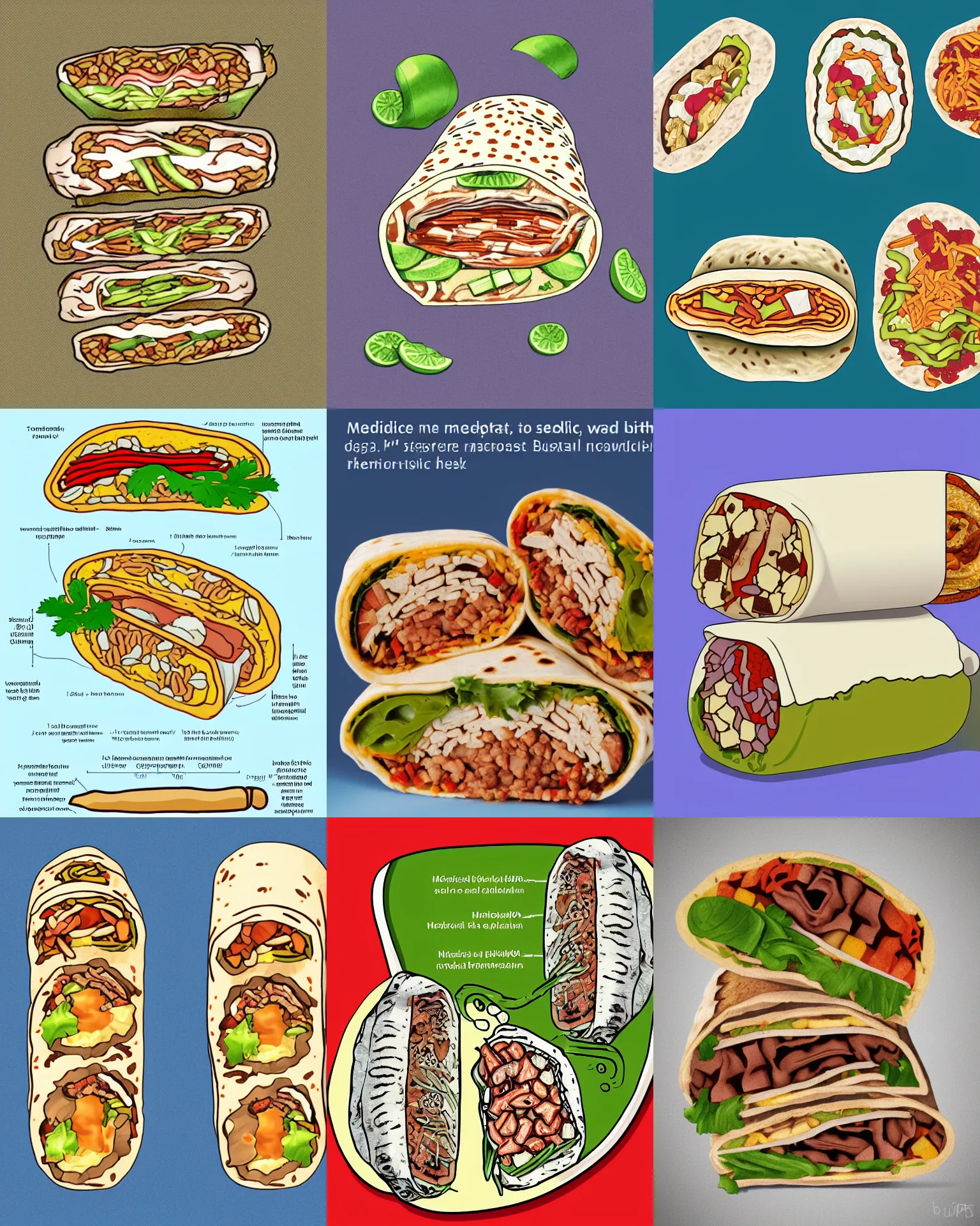 Prompt: medical illustration of a burrito, scientific english cross - section