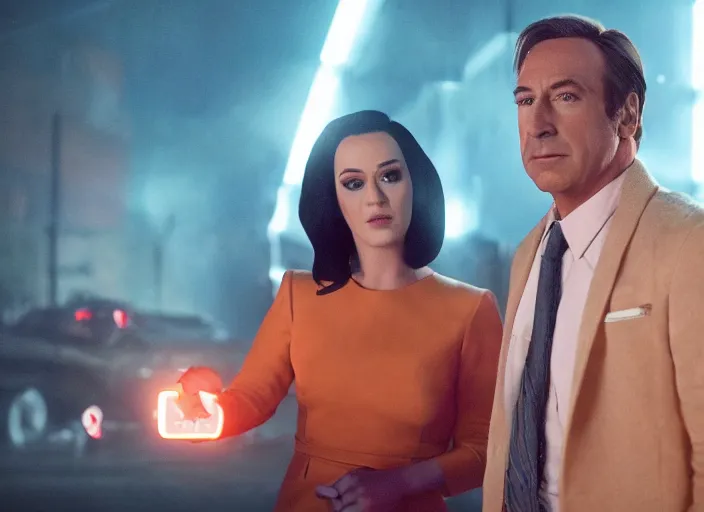 Image similar to a full shot, color cinema film still of saul goodman & katy perry in blade runner 2 0 4 9, cinematic lighting at night.