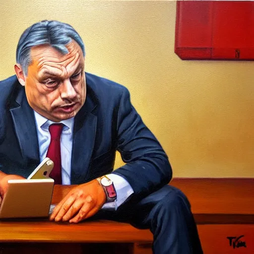 Image similar to viktor orban tiktok on his phone in a cubicle, oil painting