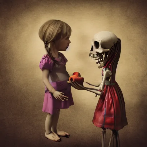 Image similar to a portrait of a little girl feeding an apple to a skeleton horse, the girl looks happy and have bright eyes and a porcelain face, matte painting 3 d watercolour rendering,