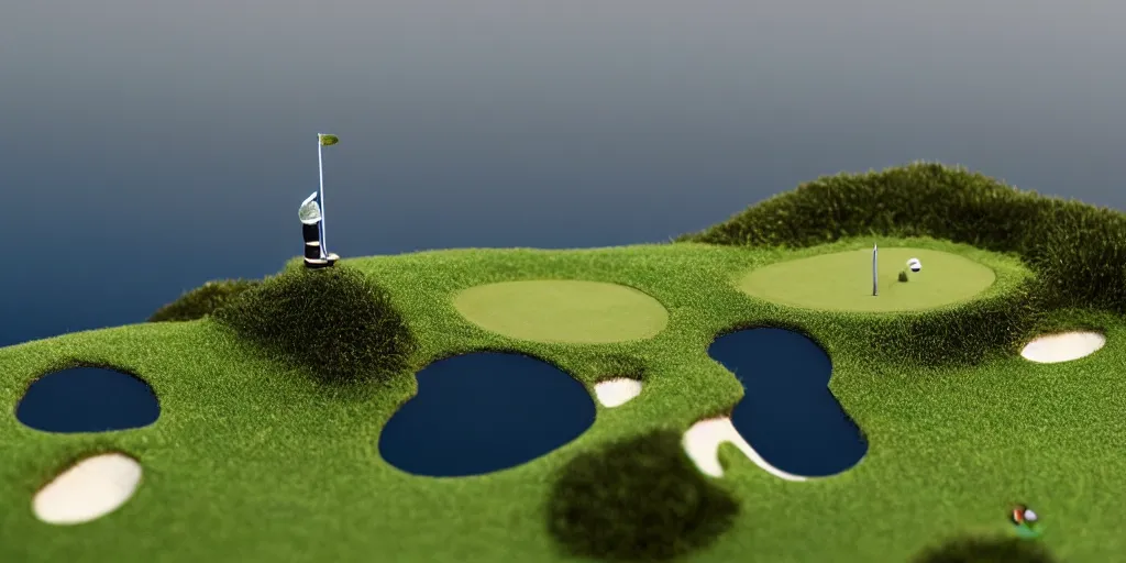 Image similar to a great photograph of the most amazing golf hole in the world completely surrounded by water, calm water, perfect light, ambient light, miniature, tilt shift, 5 0 mm, golf digest, top 1 0 0, fog