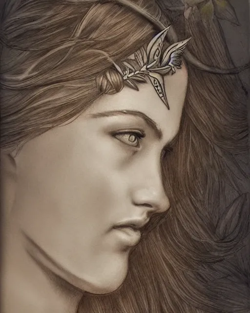 Image similar to realism tattoo sketch of a beautiful greek goddess aphrodite wearing a laurel wreath and arrowhead earrings, beautiful confident eyes, beautiful flowing hair, hyper realistic face, in the style of artgerm, fantasy, amazing detail, epic, elegant, smooth, sharp focus, from the front, long shot