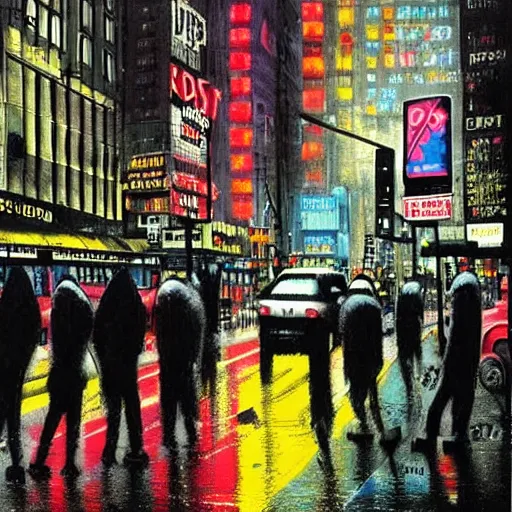 Prompt: a busy crosswalk on a rainy street in new york with lots of people walking around at night with advertisement neon lights on the buildings around it, painting by banksy, banksy art, high detail, smooth, beautiful, aesthetic,