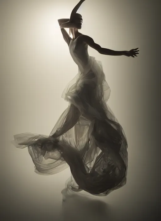 Image similar to a Photorealistic dramatic hyperrealistic render of a glamorous beautiful Female smoke dancer by Ken Brower and Deborah Ory of NYC Dance project,Lois Greenfield,Flowing cloth and smoke,Beautiful dynamic dramatic dark moody lighting,volumetric,shadows,cinematic atmosphere,Octane render,8K