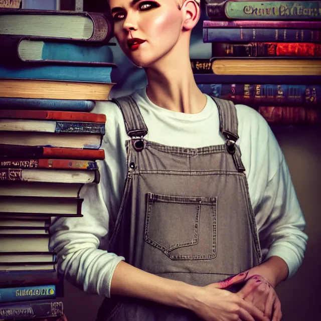 Image similar to full body pose, beautiful adult book fairy, pixar, short white hair shaved sides, dirty, grungy, grunge, long sleeve, painted overalls, stacks of giant books, highly detailed, 4 k, hdr, smooth, sharp focus, high resolution, award - winning photo, artgerm, photorealistic